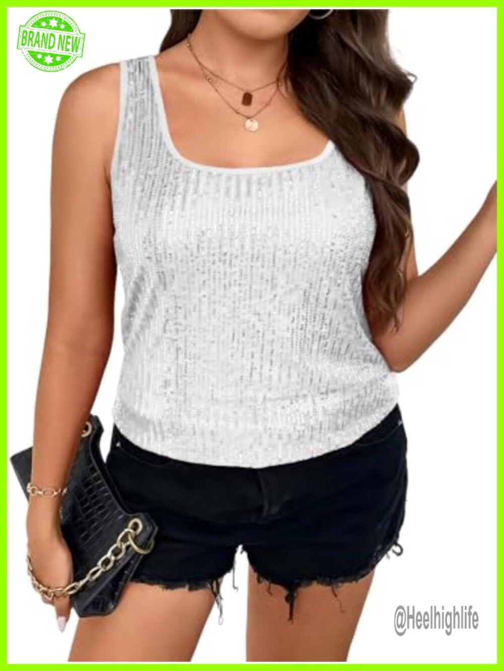 Plus Size Sequin Tank Top Sleeveless Square Neck Sparkly Club Party Shirt